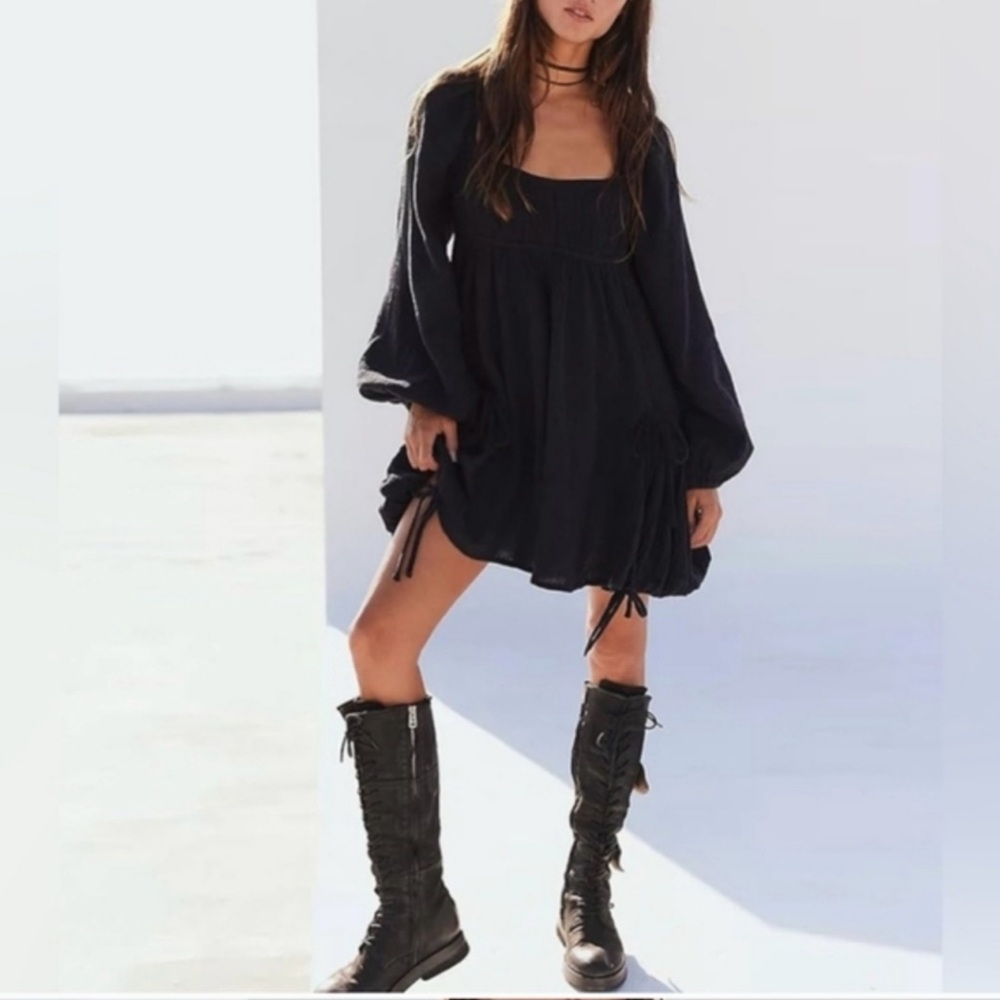 Free People‎ Women's Clea Mini Dress Long Sleeve Pockets Relaxed Fit Black Sz S